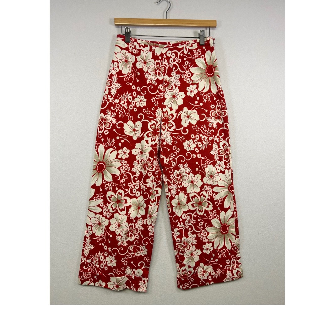 Tropical Y2K Willi Smith Women 6 Red Floral Wide Leg Cuffed Stretch Crop Pants